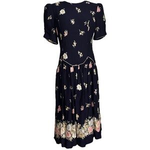 Vintage Navy Blue Floral Dress Size 10